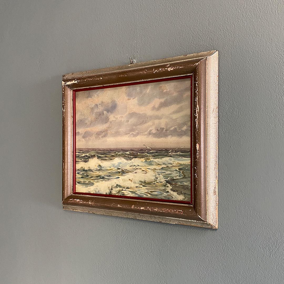 Italian Antique Watercolor Seascape Painting with Golden Frame, 1912 5