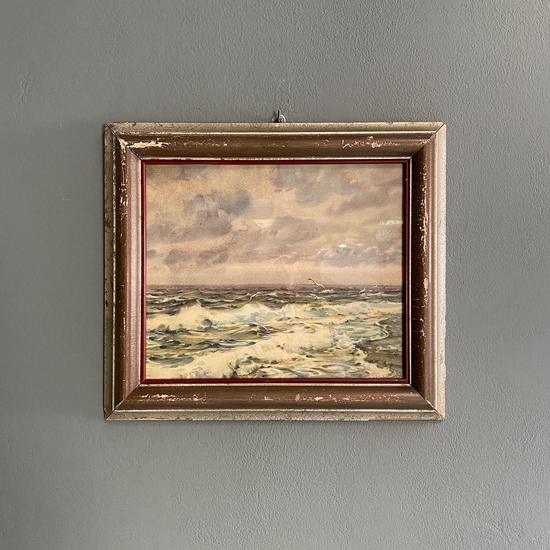 Italian Antique Watercolor Seascape Painting with Golden Frame, 1912 6