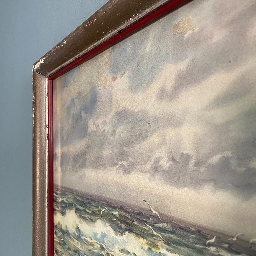 Italian Antique Watercolor Seascape Painting with Golden Frame, 1912 In Good Condition In MIlano, IT