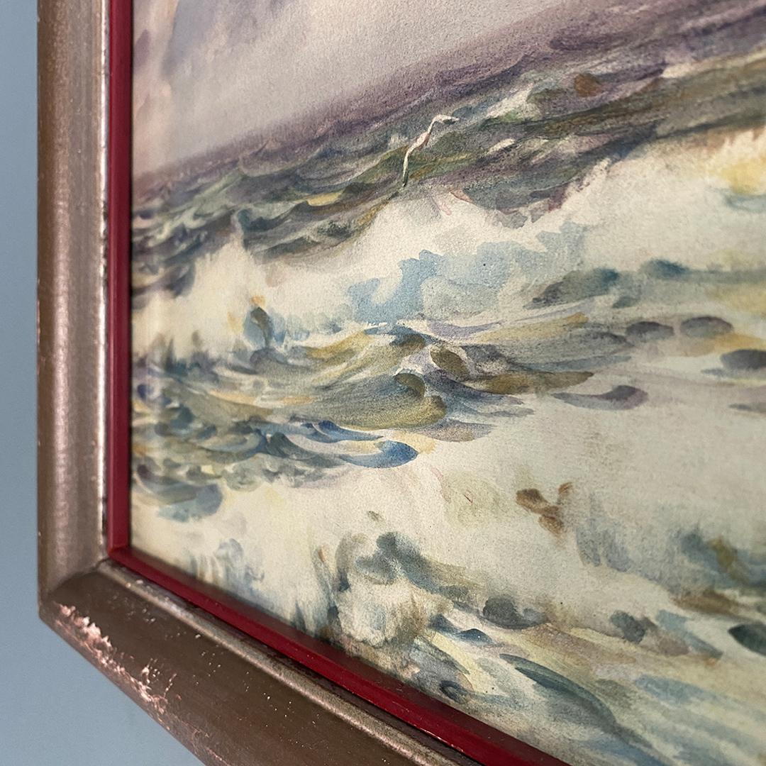 Italian Antique Watercolor Seascape Painting with Golden Frame, 1912 1