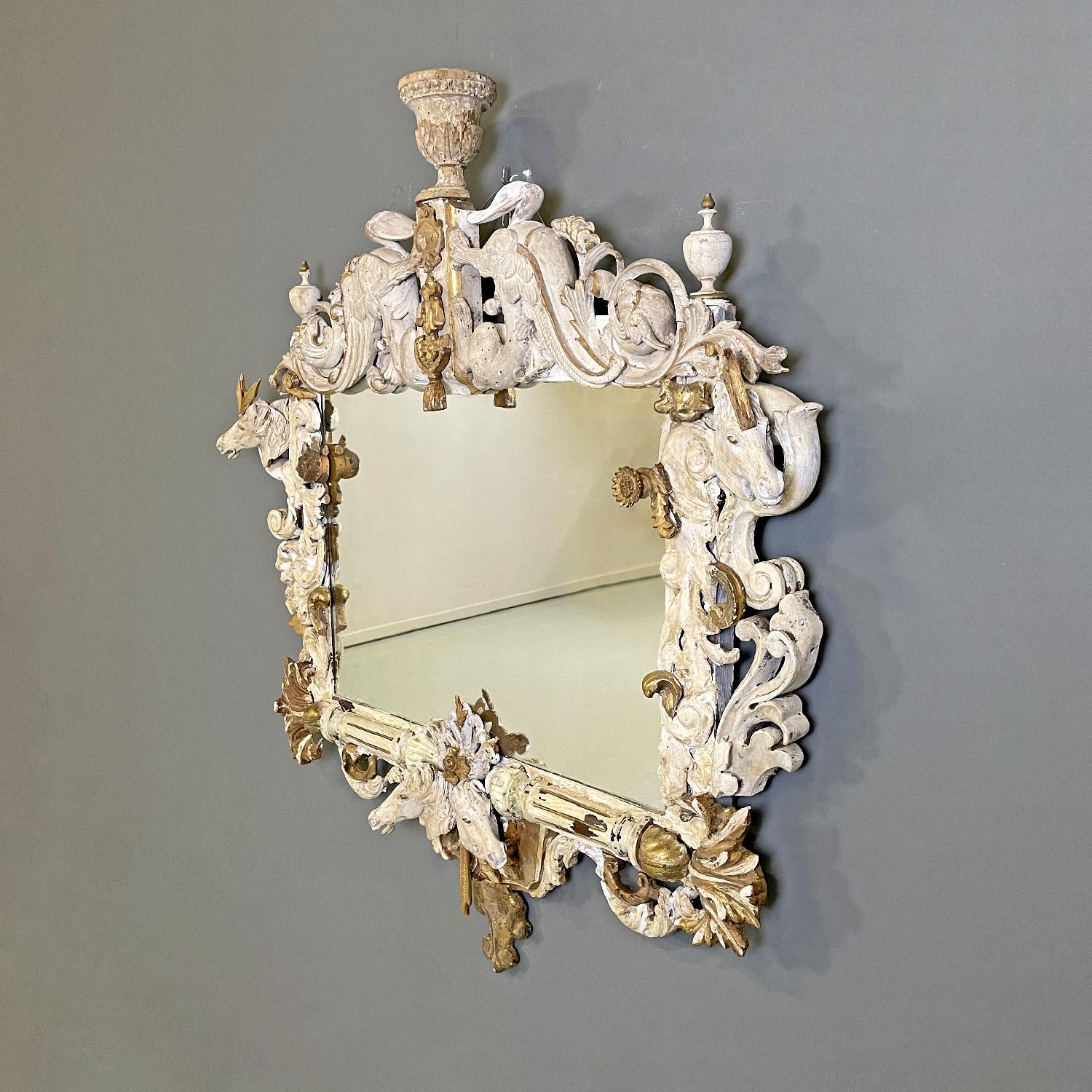 European Italian antique white and golden wood wall mirror with animal decorations, 1990s For Sale