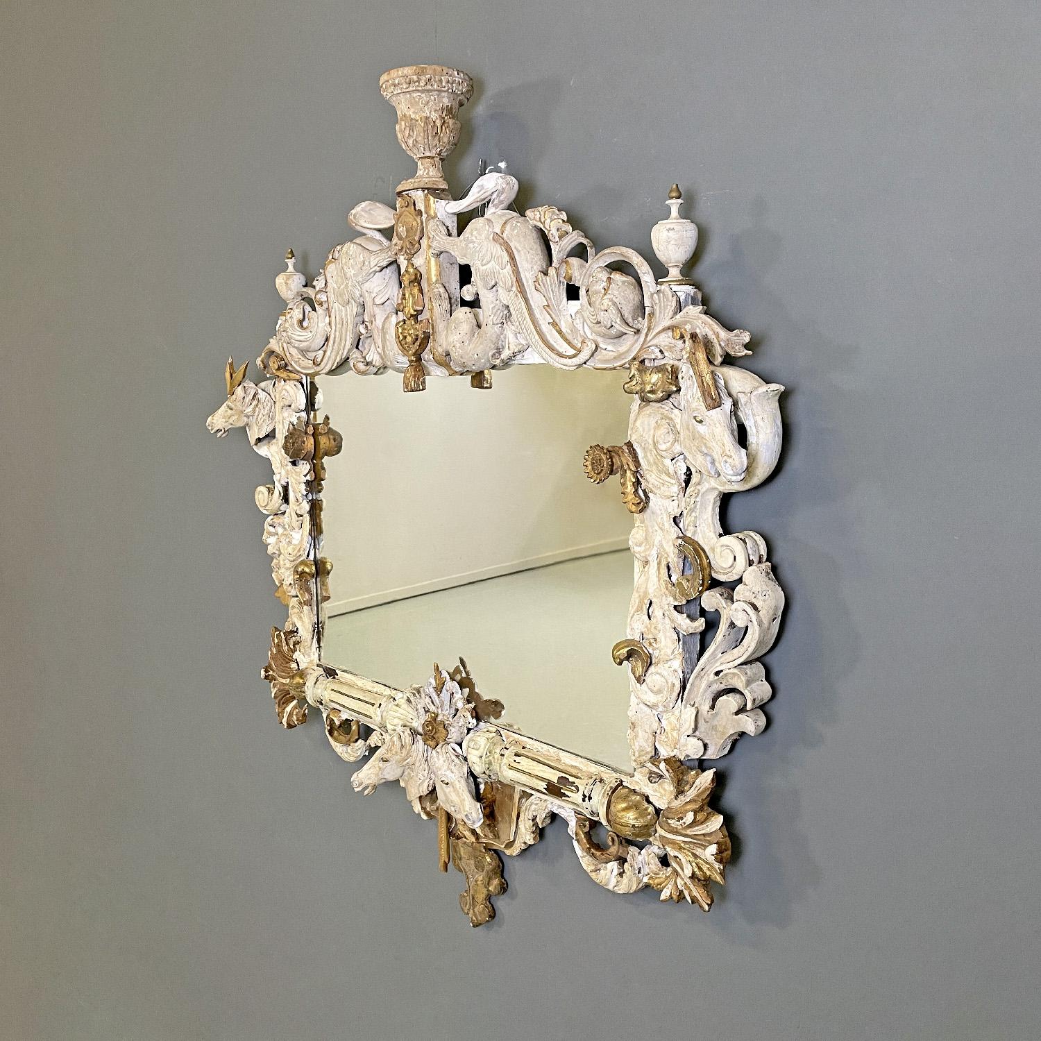 European Italian white and golden wood wall mirror with animal decorations, 1990s For Sale