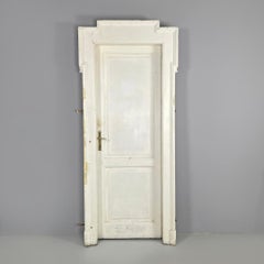 Italian antique white painted wood door with frame and brass handles early 1900s