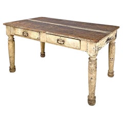 Italian antique white painted wooden dining table with two drawers, late 1800s