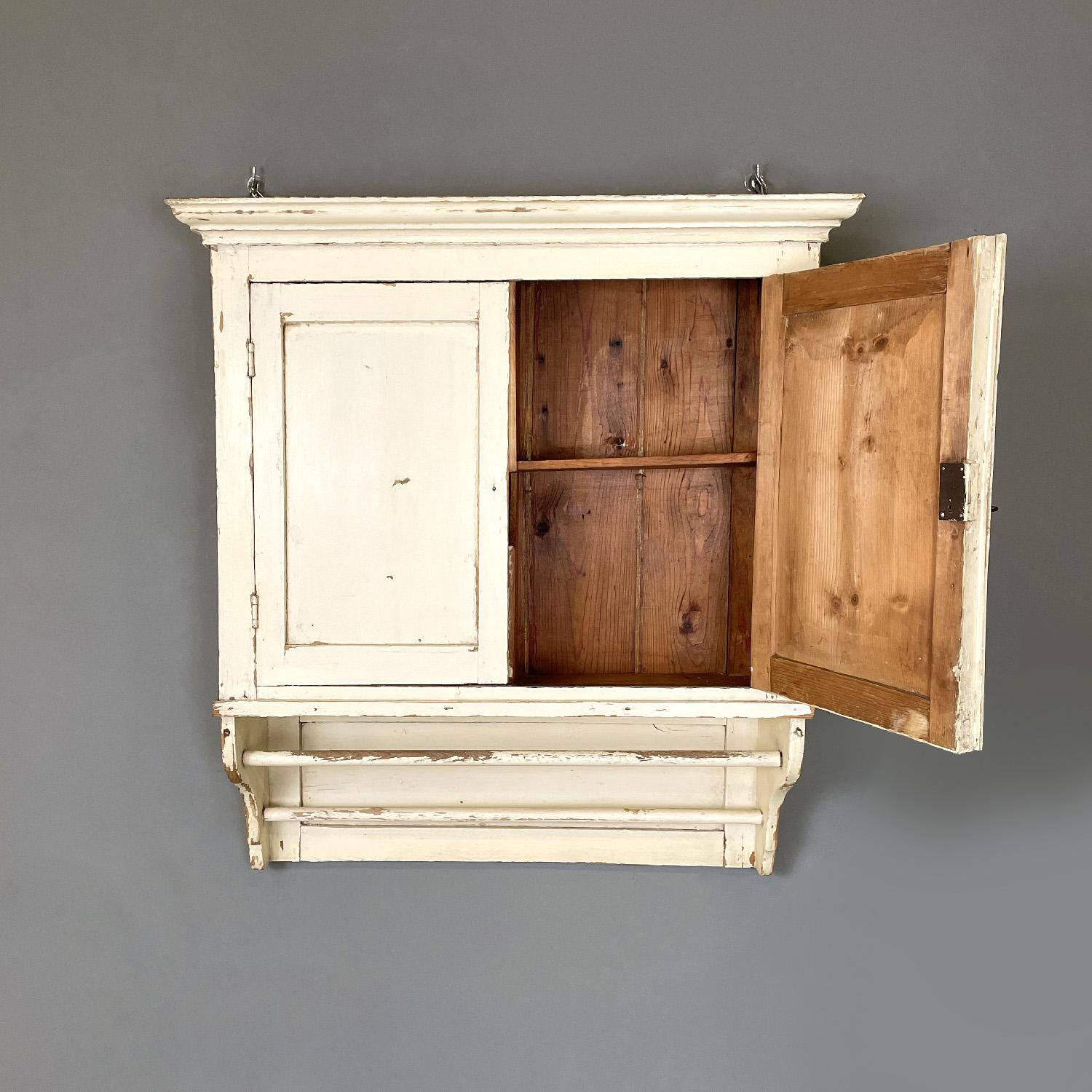 Metal Italian antique white wooden kitchen wall cabinet, early 1900s For Sale