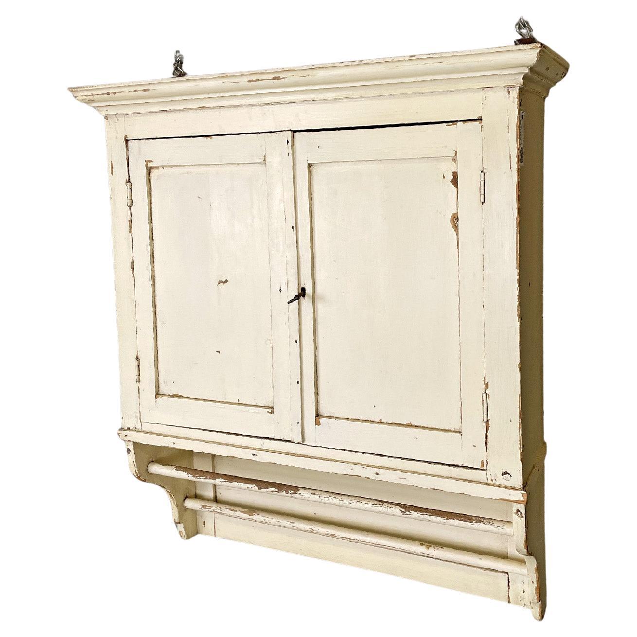 Italian antique white wooden kitchen wall cabinet, early 1900s For Sale