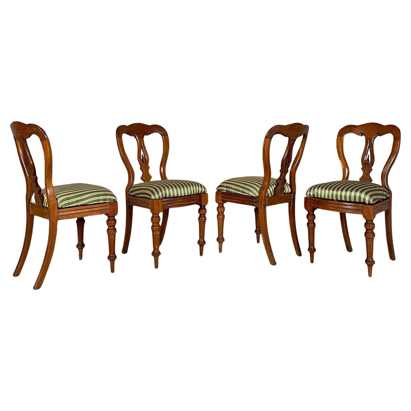 Italian antique wood and  colored striped silk chairs, 1850s For Sale