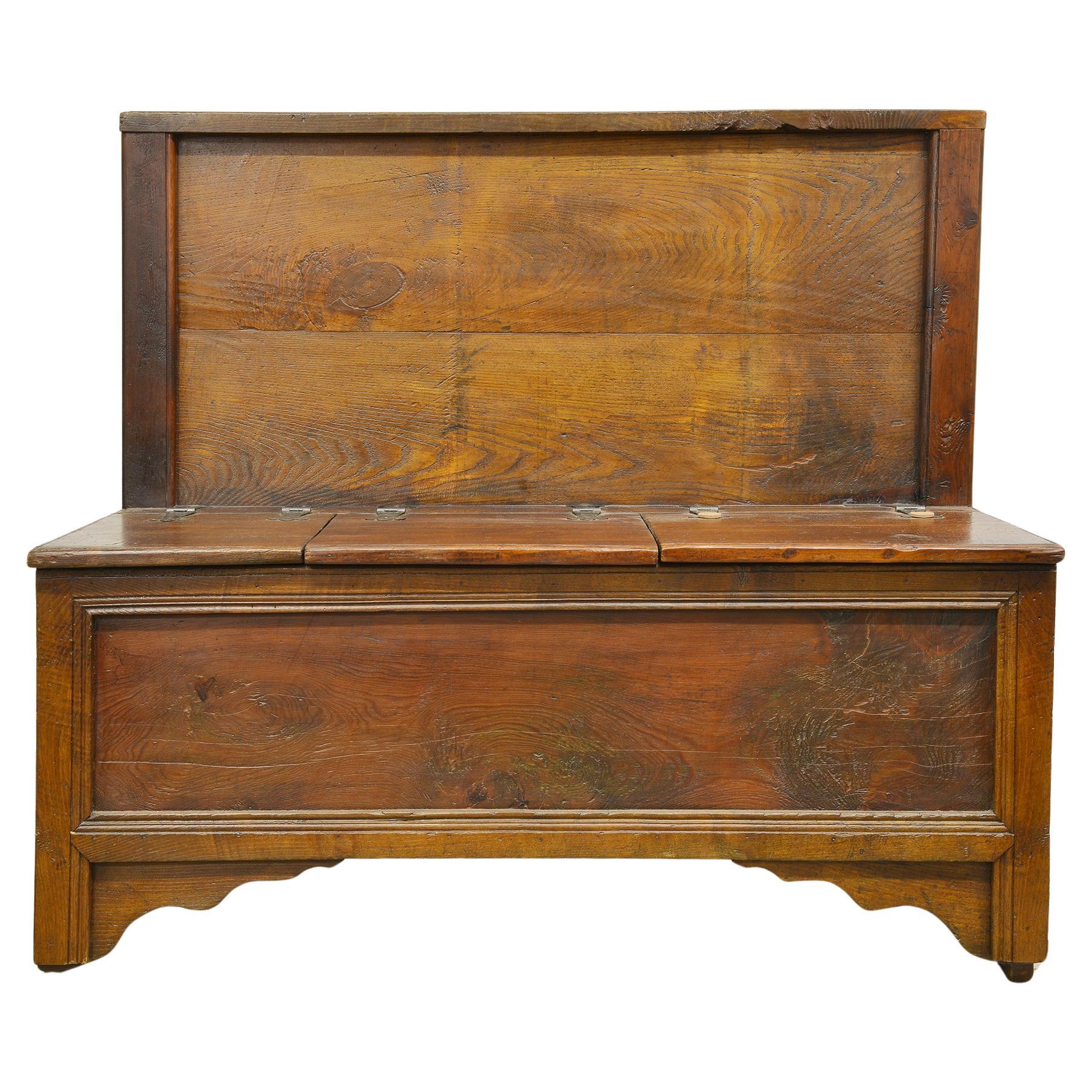 Italian Antique Wood Bench with Back For Sale