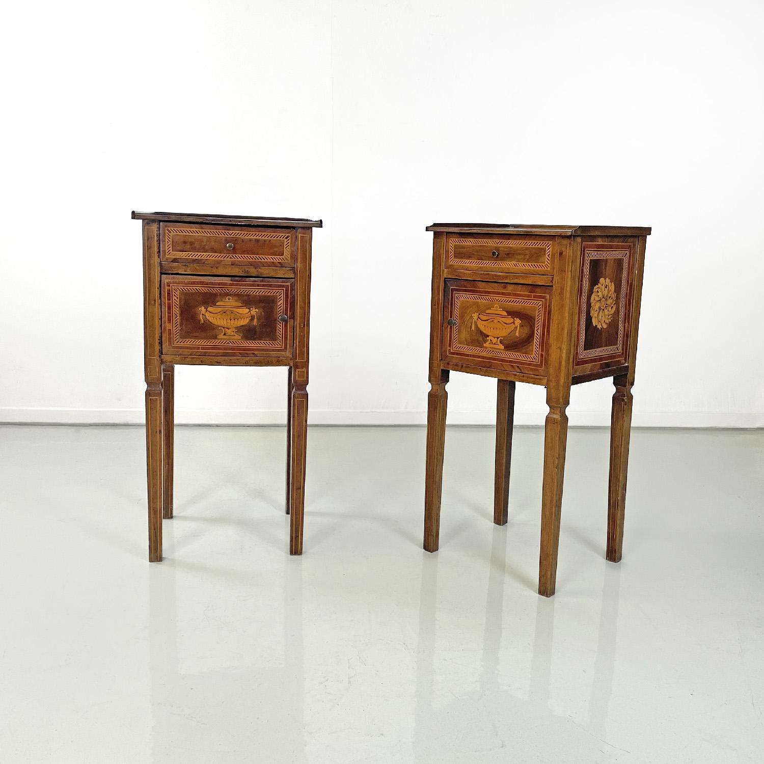 Italian antique wooden bedside tables with inlaid floral decorations, 1750s
Pair of wooden bedside tables with inlays. The top is rectangular and has a slightly raised edge on three sides, in the center there is an inlaid floral decoration
