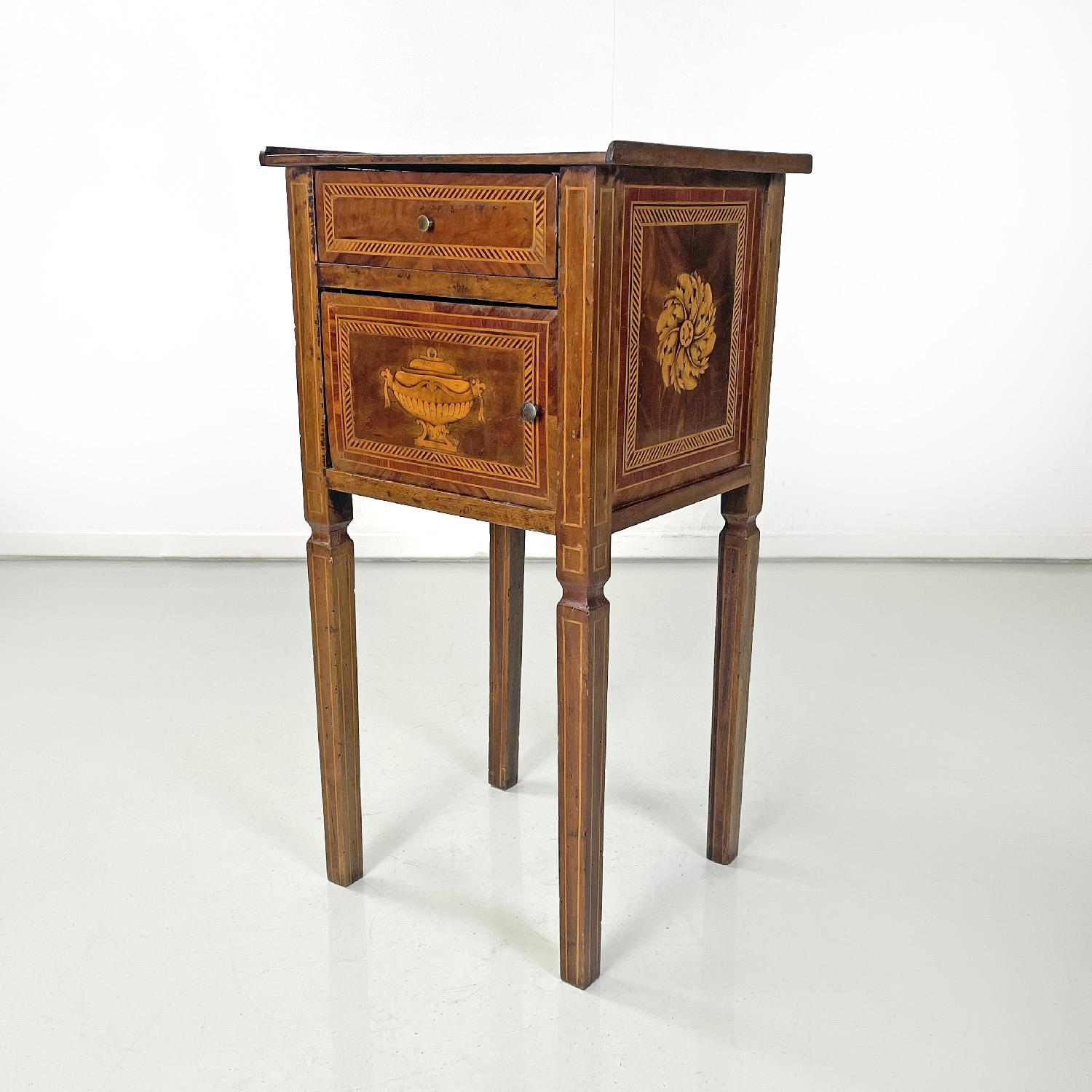 Mid-18th Century Italian antique wooden bedside tables with inlaid floral decorations, 1750s For Sale