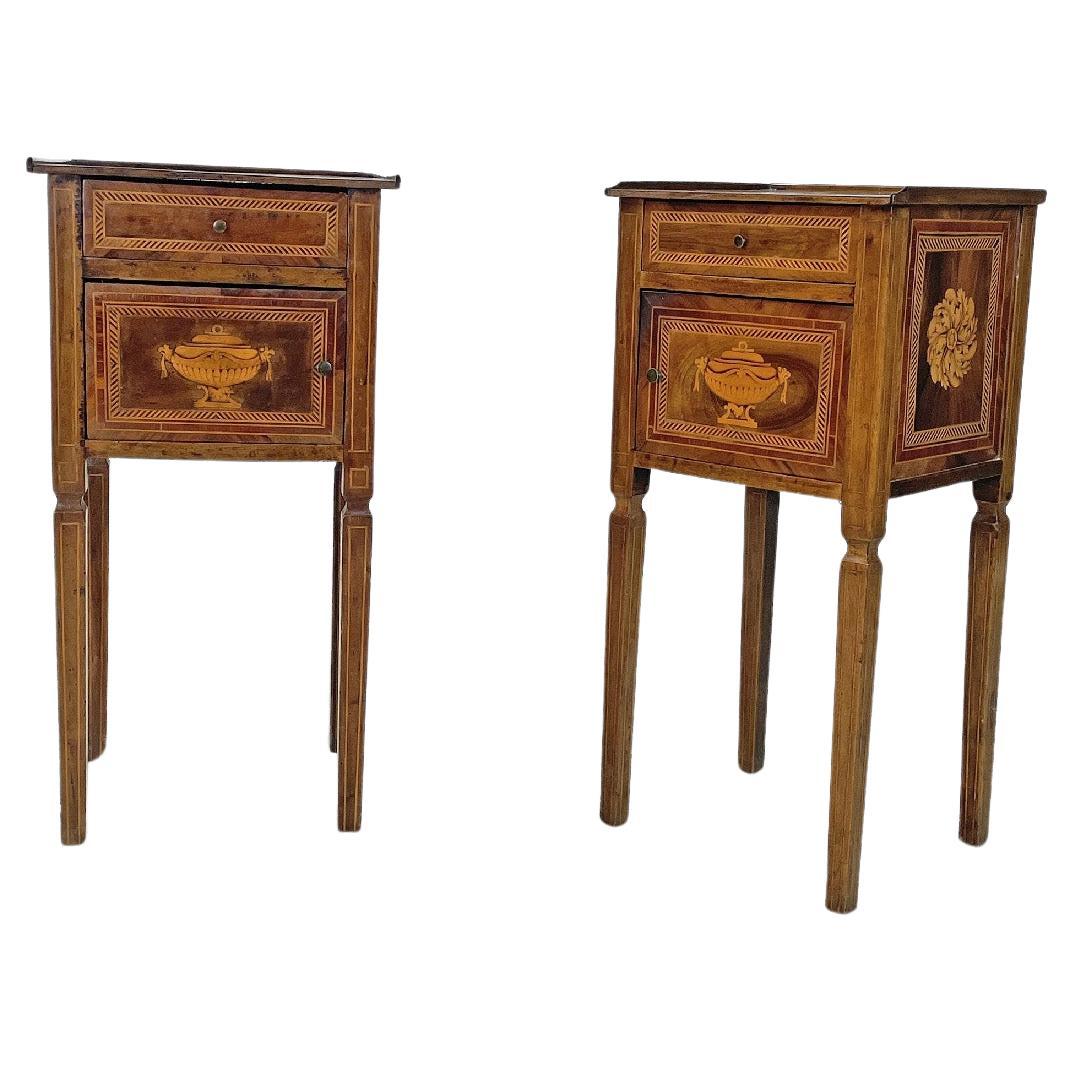 Italian antique wooden bedside tables with inlaid floral decorations, 1750s For Sale