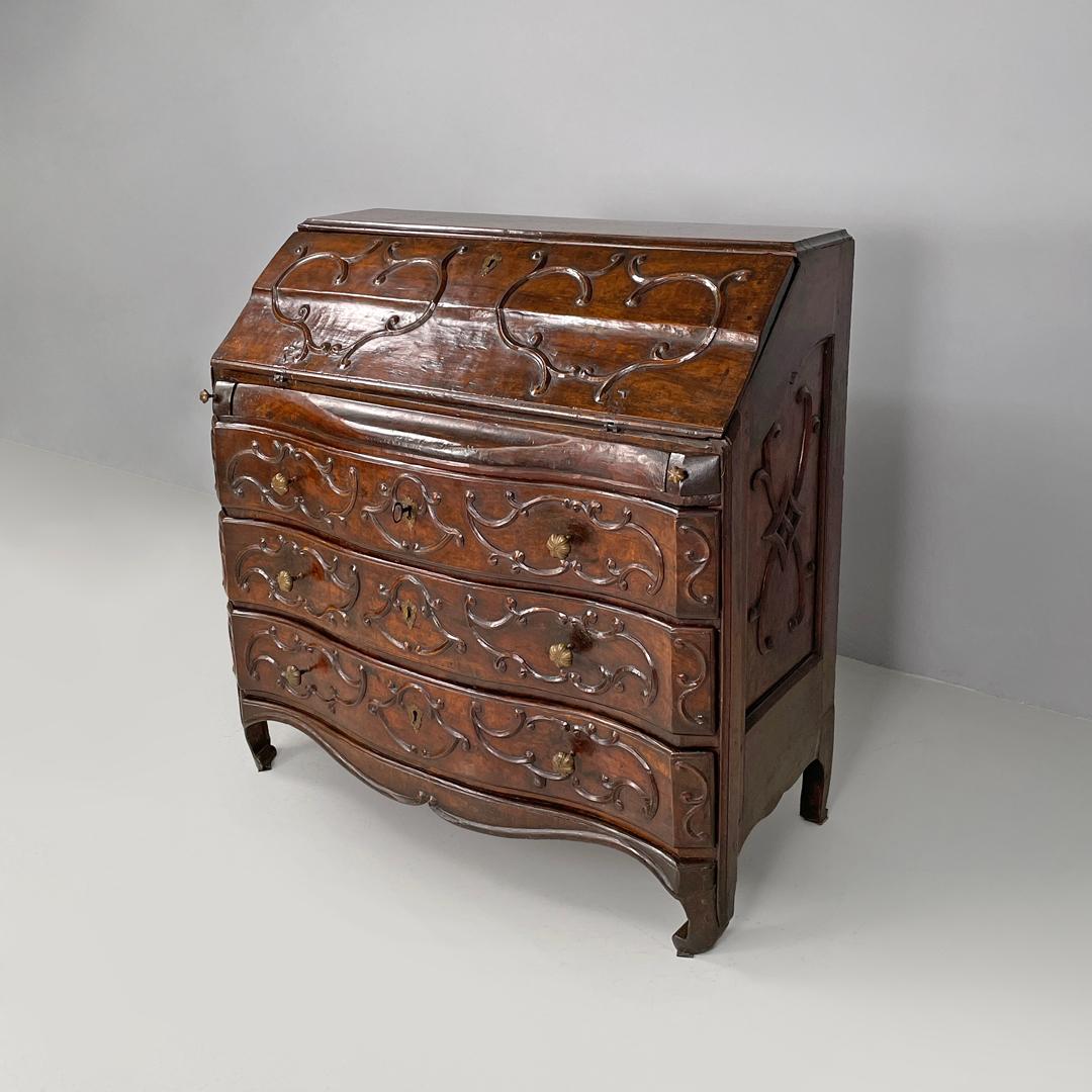 Brass Italian antique wooden chest of drawers with drop-leaf top and decorations 1700s For Sale