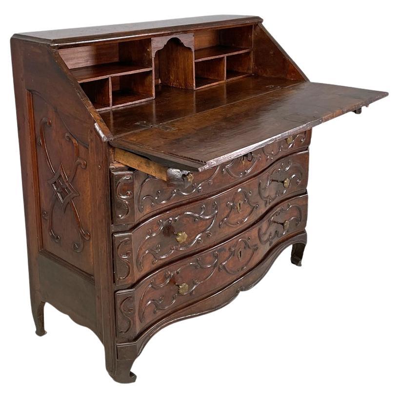 Italian antique wooden chest of drawers with drop-leaf top and decorations 1700s