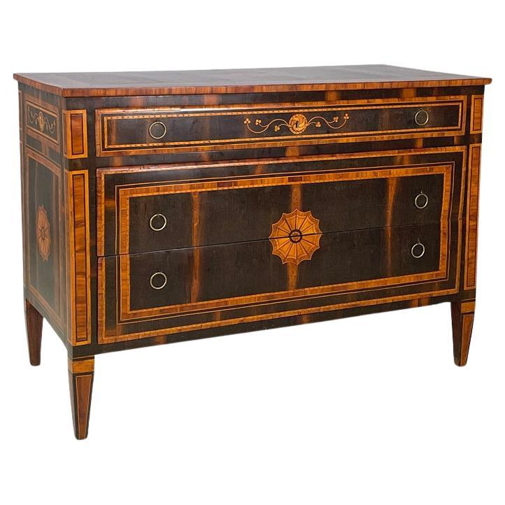 Italian antique wooden chest of drawers with inlay decorations, early 1800s