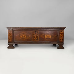 Italian antique wooden chest with inlay decorations and folding top, early 1800s
