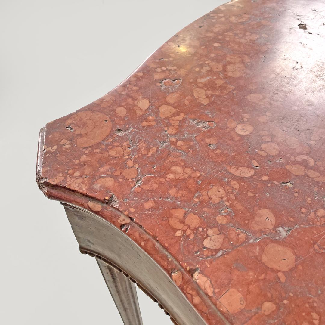 Italian antique wooden consoles with red marble tops and decorations, 1600s For Sale 9