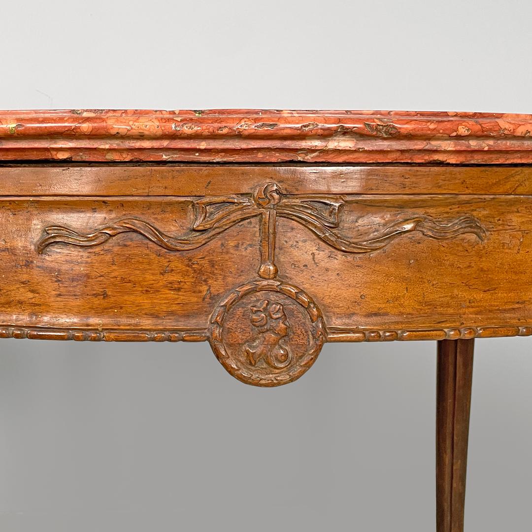 Italian antique wooden consoles with red marble tops and decorations, 1600s For Sale 11