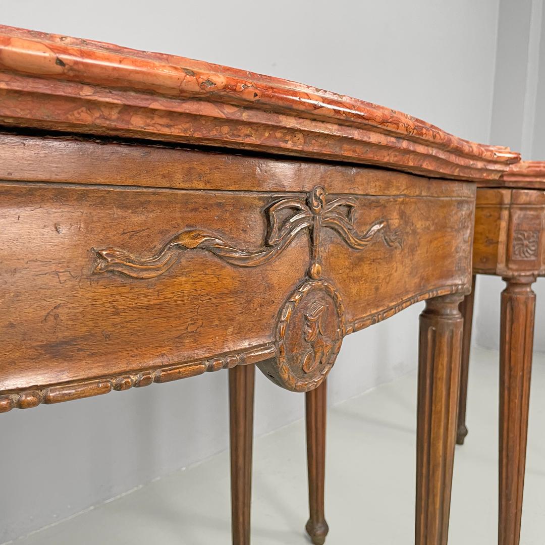 Italian antique wooden consoles with red marble tops and decorations, 1600s For Sale 12
