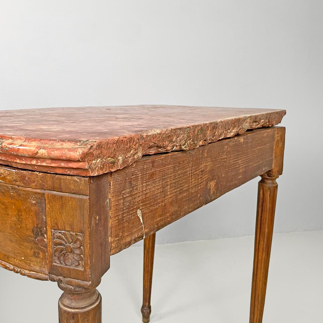 Italian antique wooden consoles with red marble tops and decorations, 1600s For Sale 14
