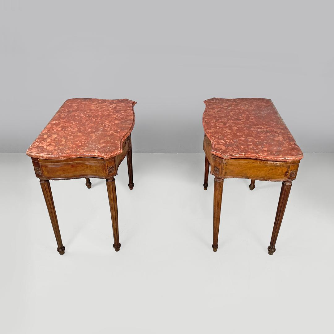 Early 17th Century Italian antique wooden consoles with red marble tops and decorations, 1600s For Sale