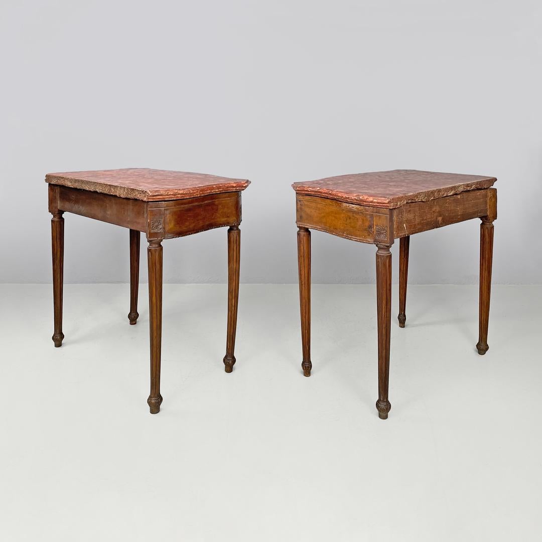 Marble Italian antique wooden consoles with red marble tops and decorations, 1600s For Sale