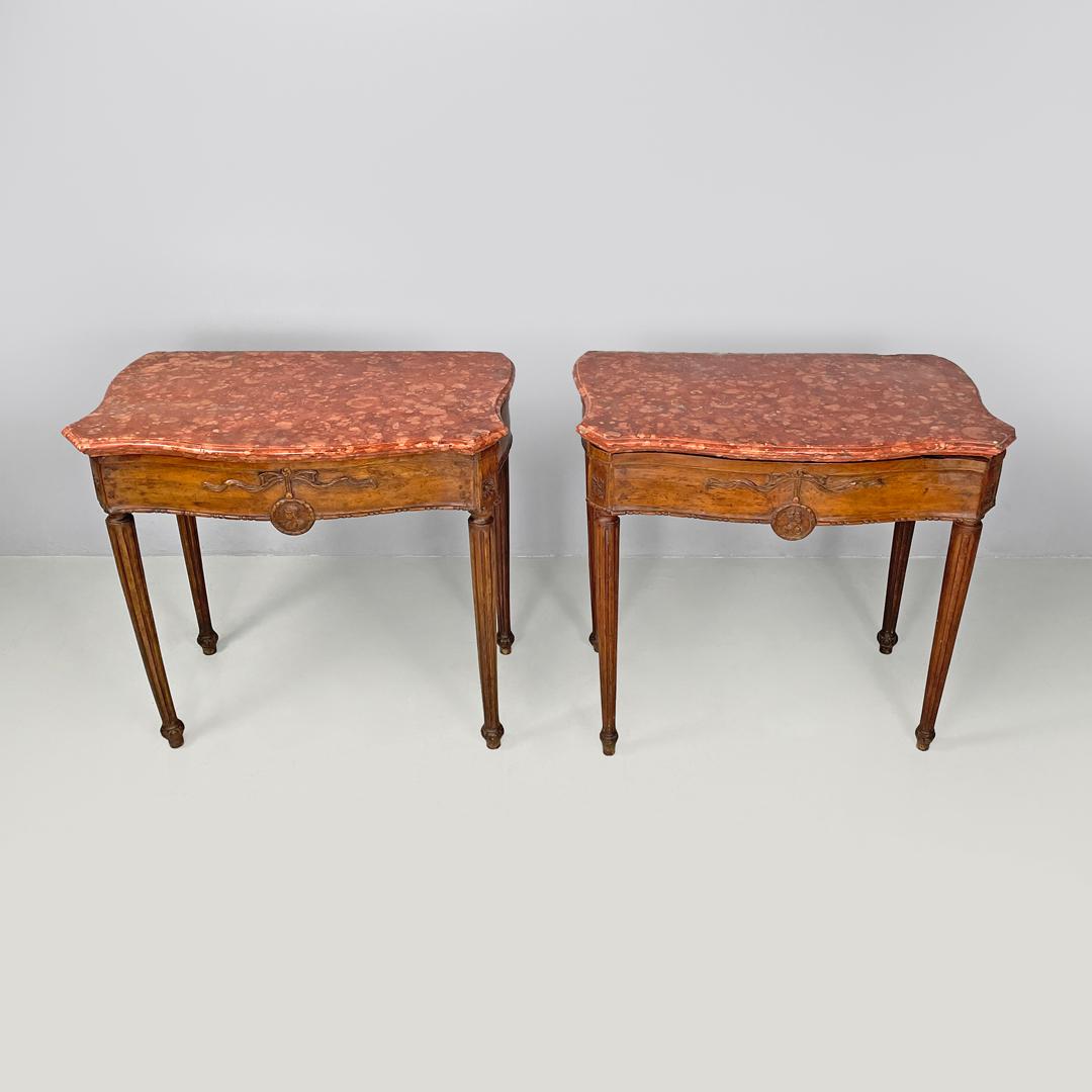 Italian antique wooden consoles with red marble tops and decorations, 1600s For Sale 2