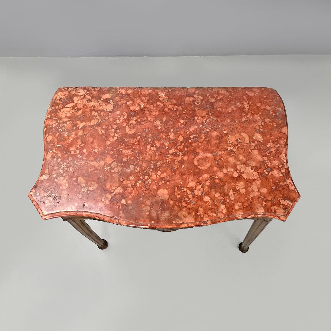 Italian antique wooden consoles with red marble tops and decorations, 1600s For Sale 3