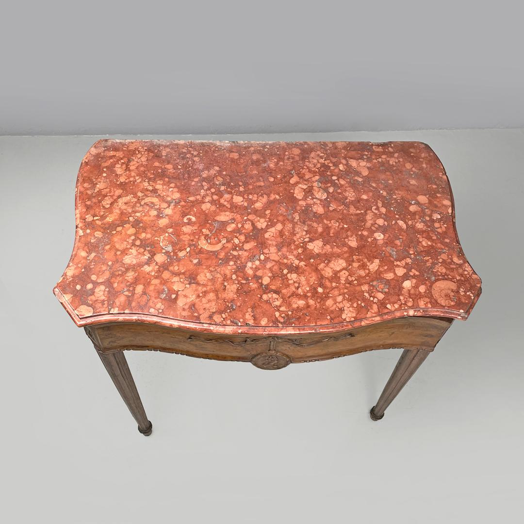 Italian antique wooden consoles with red marble tops and decorations, 1600s For Sale 4