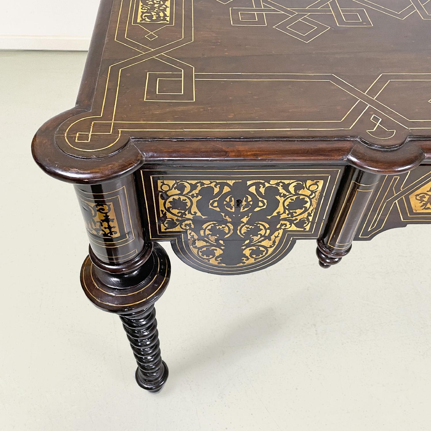 Italian antique wooden desk with inlay decorations with light wood, early 1900s For Sale 7