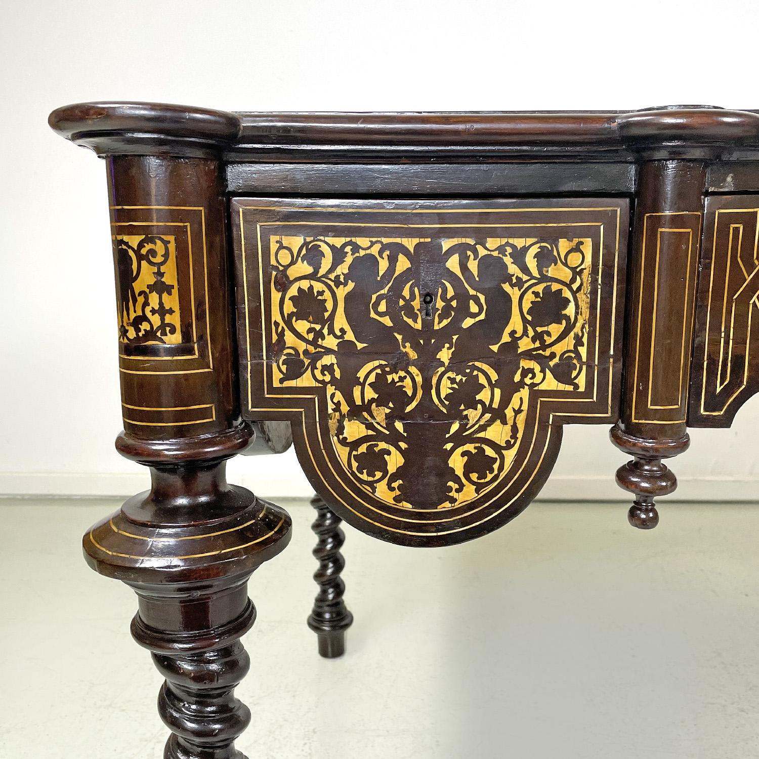 Italian antique wooden desk with inlay decorations with light wood, early 1900s For Sale 11