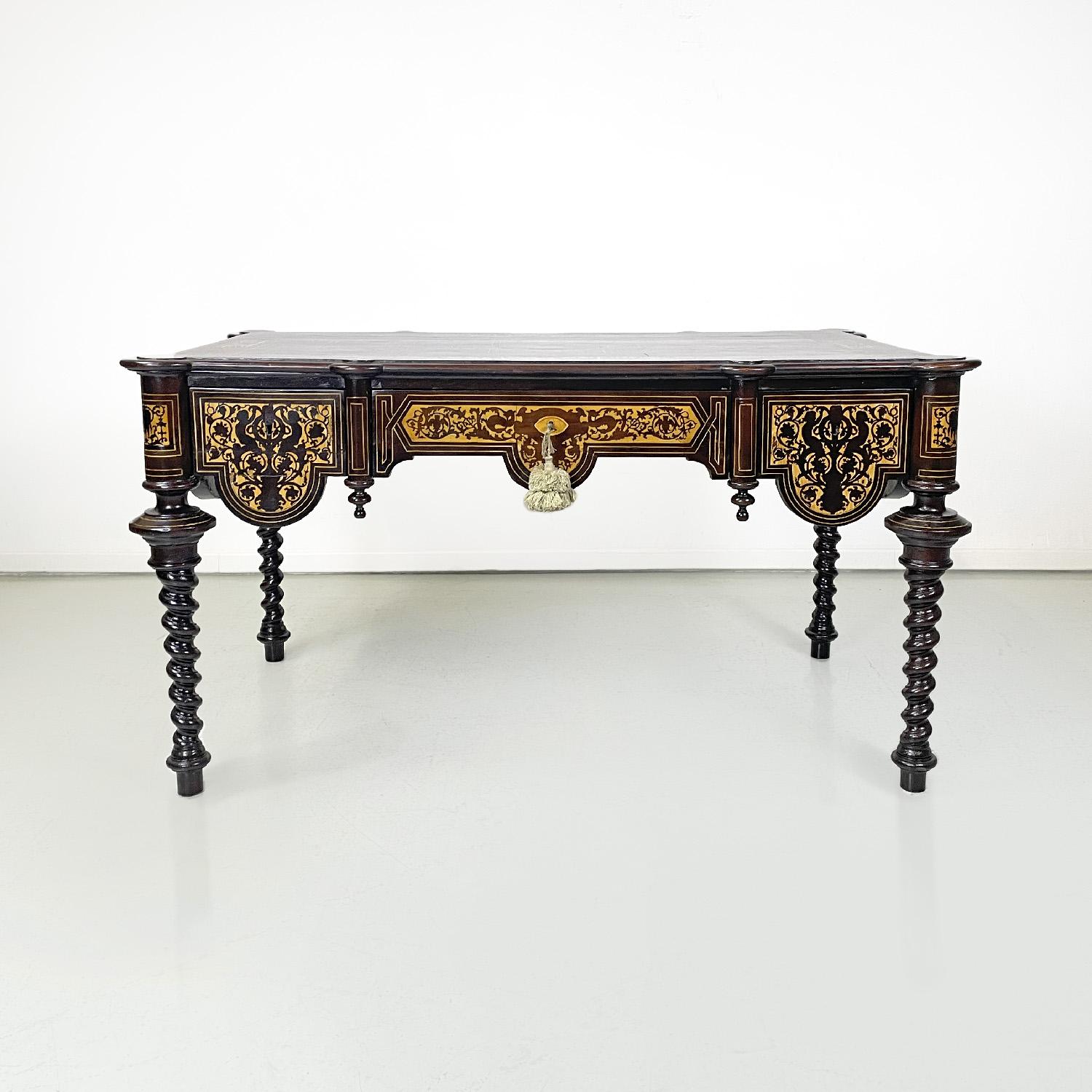 Italian antique wooden desk with inlay decorations with light wood, early 1900s
Wooden rectangular desk in finely decorated and inlaid light wood. The top has a geometric inlaid decoration, and has circular corners. It has three richly decorated