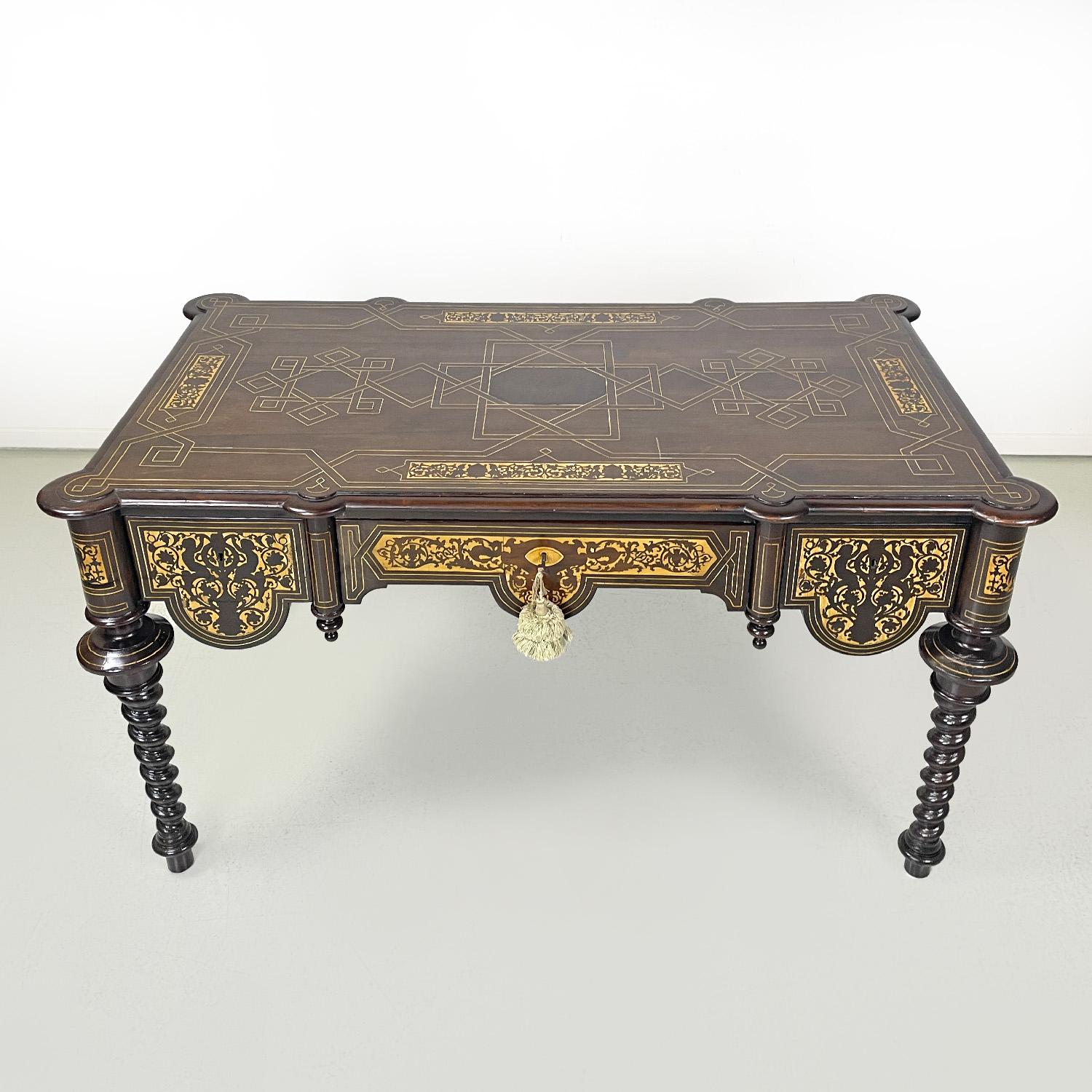 Metal Italian antique wooden desk with inlay decorations with light wood, early 1900s For Sale