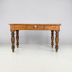 Italian antique wooden dining table with one drawer and brass handle, 1800s