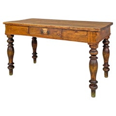Italian antique wooden dining table with one drawer and brass handle, 1800s