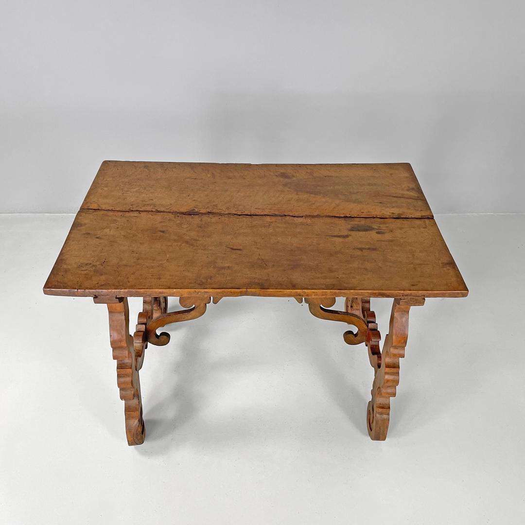 Wood Italian antique wooden fratino table with decorated legs, 1700s For Sale