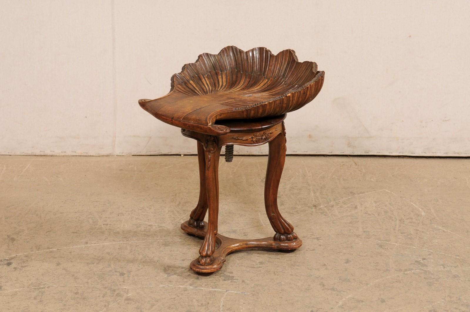 Italian Antique Wooden Grotto Stool w/Carved-Shell Seat For Sale 5