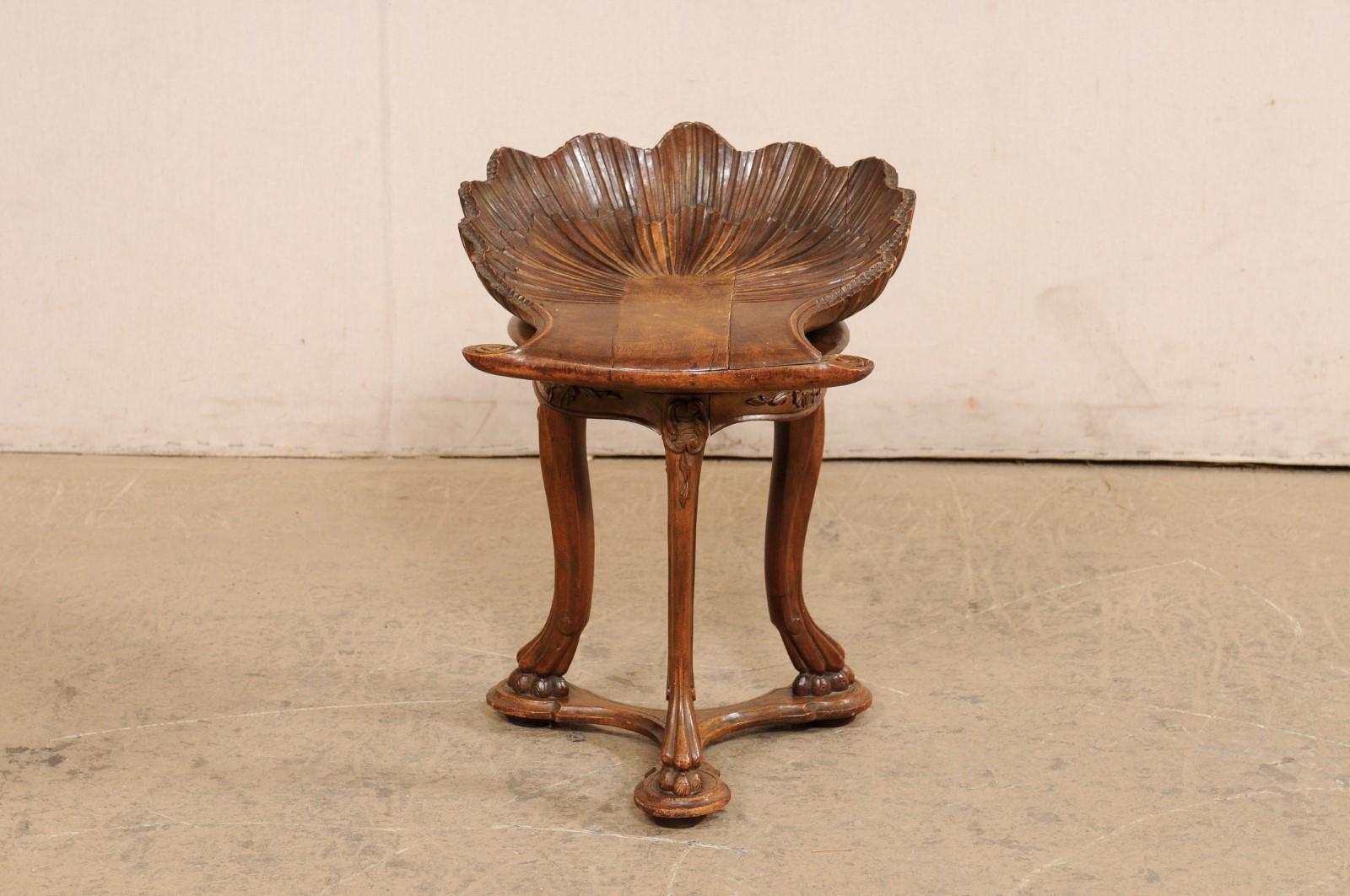 Italian Antique Wooden Grotto Stool w/Carved-Shell Seat For Sale 6