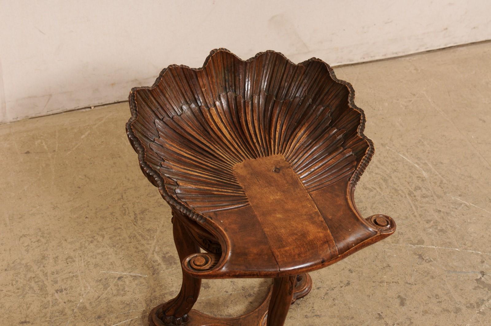 Italian Antique Wooden Grotto Stool w/Carved-Shell Seat 7