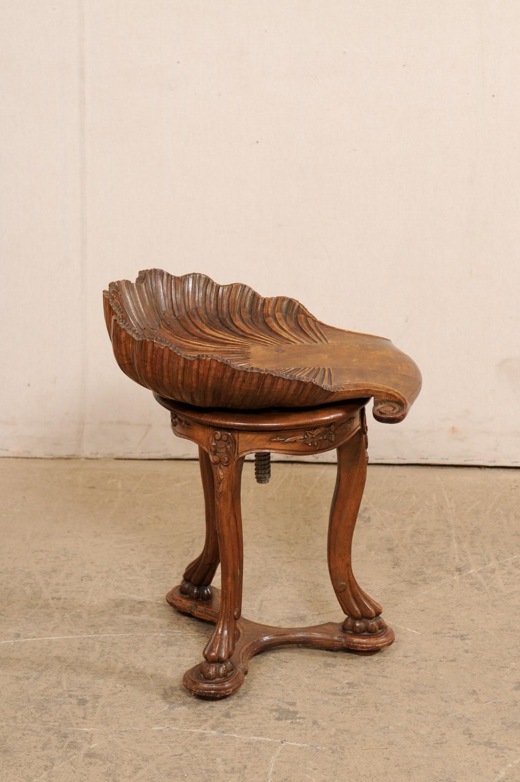 20th Century Italian Antique Wooden Grotto Stool w/Carved-Shell Seat For Sale
