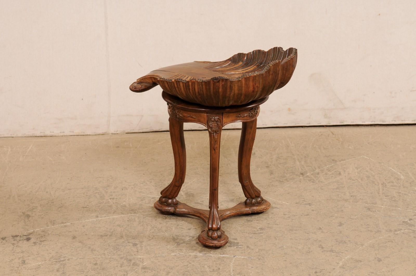 Italian Antique Wooden Grotto Stool w/Carved-Shell Seat For Sale 3
