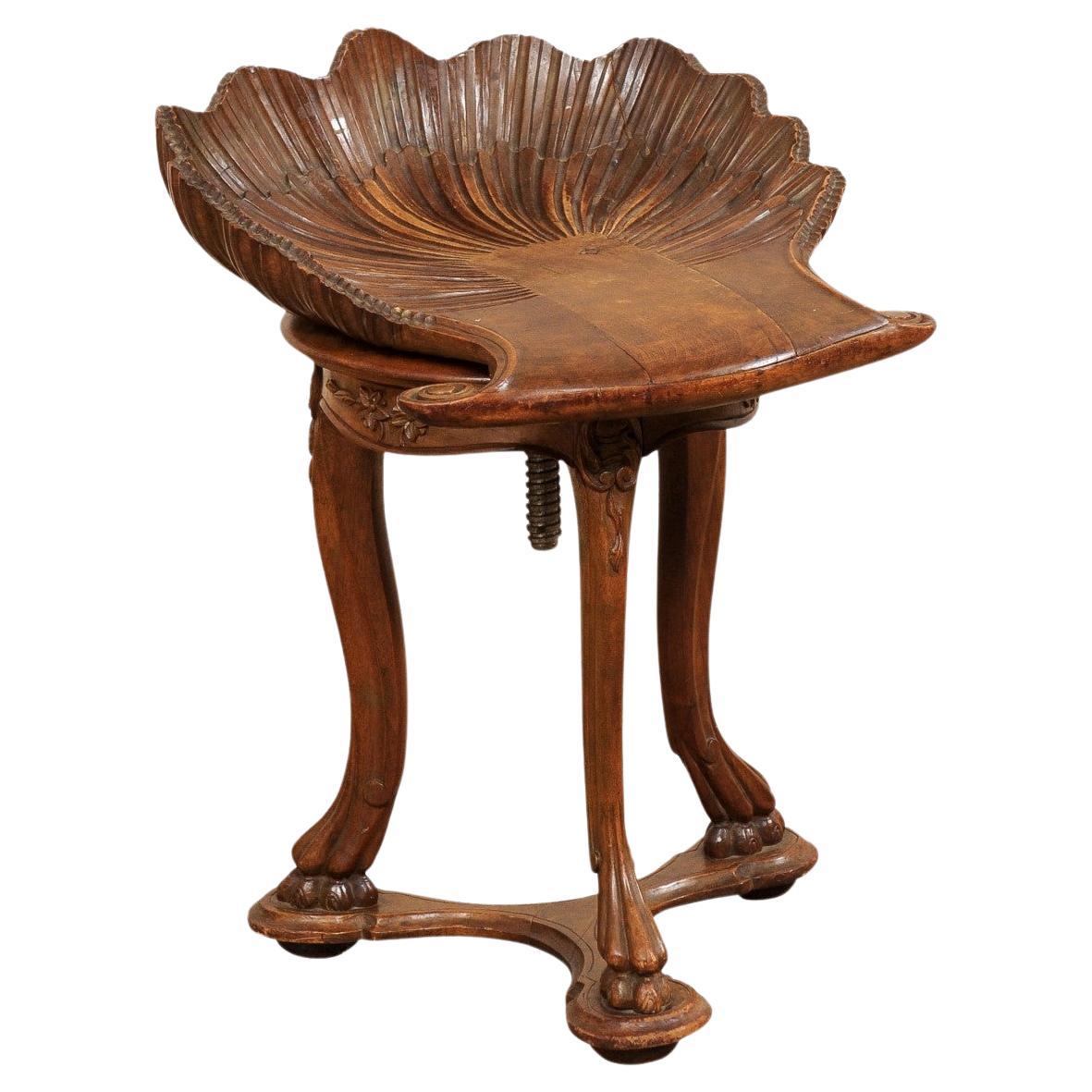 Italian Antique Wooden Grotto Stool w/Carved-Shell Seat For Sale