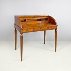 Italian antique wooden writing table with shutter and brass key, 1700s