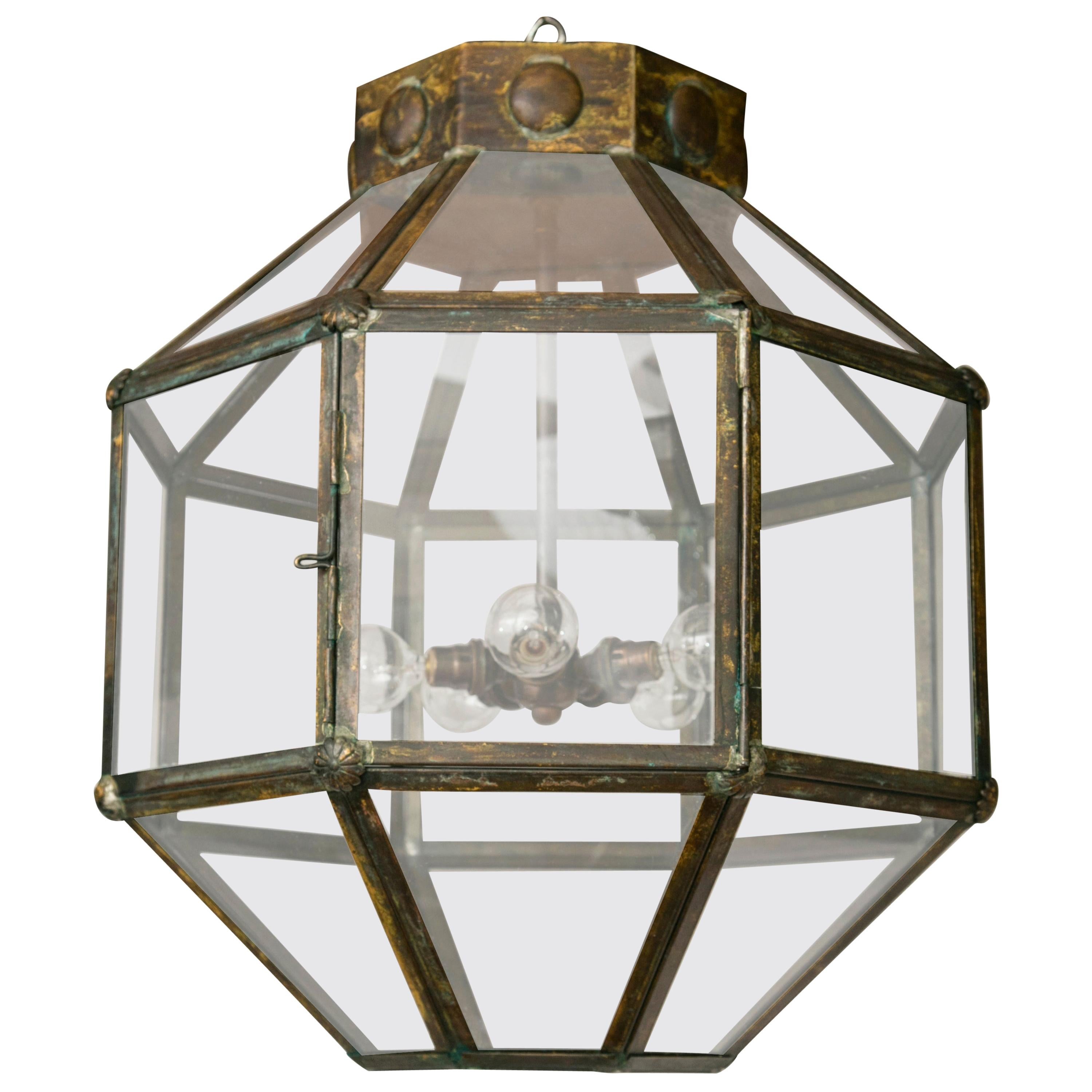 Italian Antiqued Brass Lantern, Contemporary  For Sale
