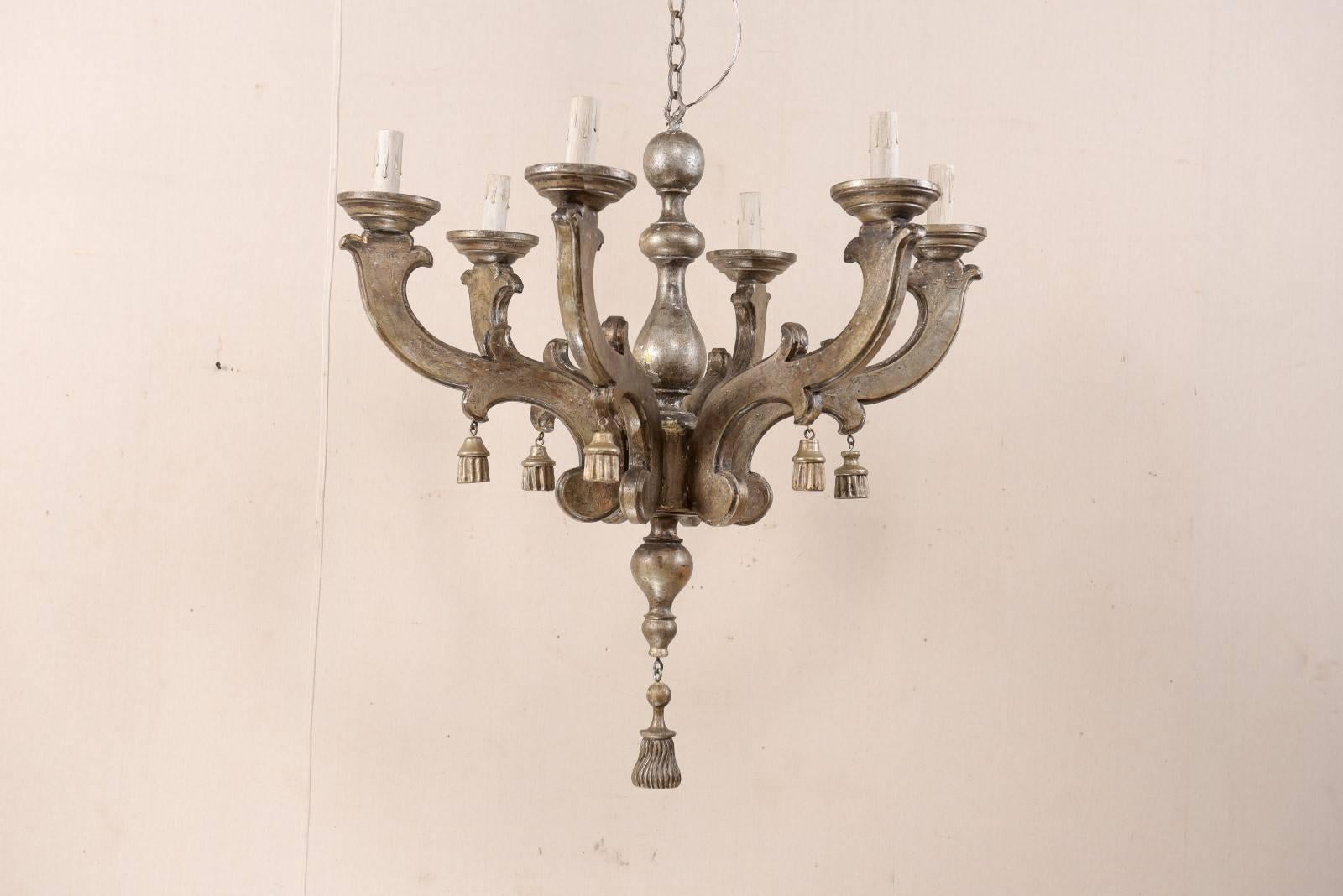 Carved Italian Antiqued Silver Wood Six-Light Chandelier Adorned with Wood Tassels