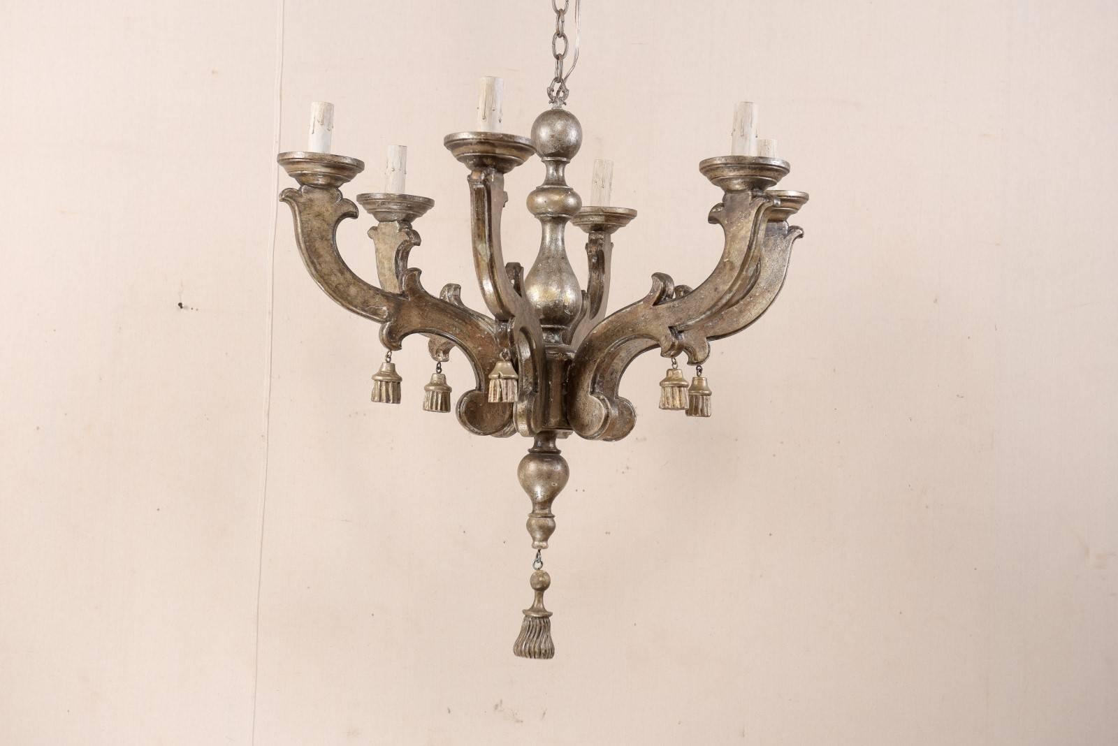 Italian Antiqued Silver Wood Six-Light Chandelier Adorned with Wood Tassels In Good Condition In Atlanta, GA