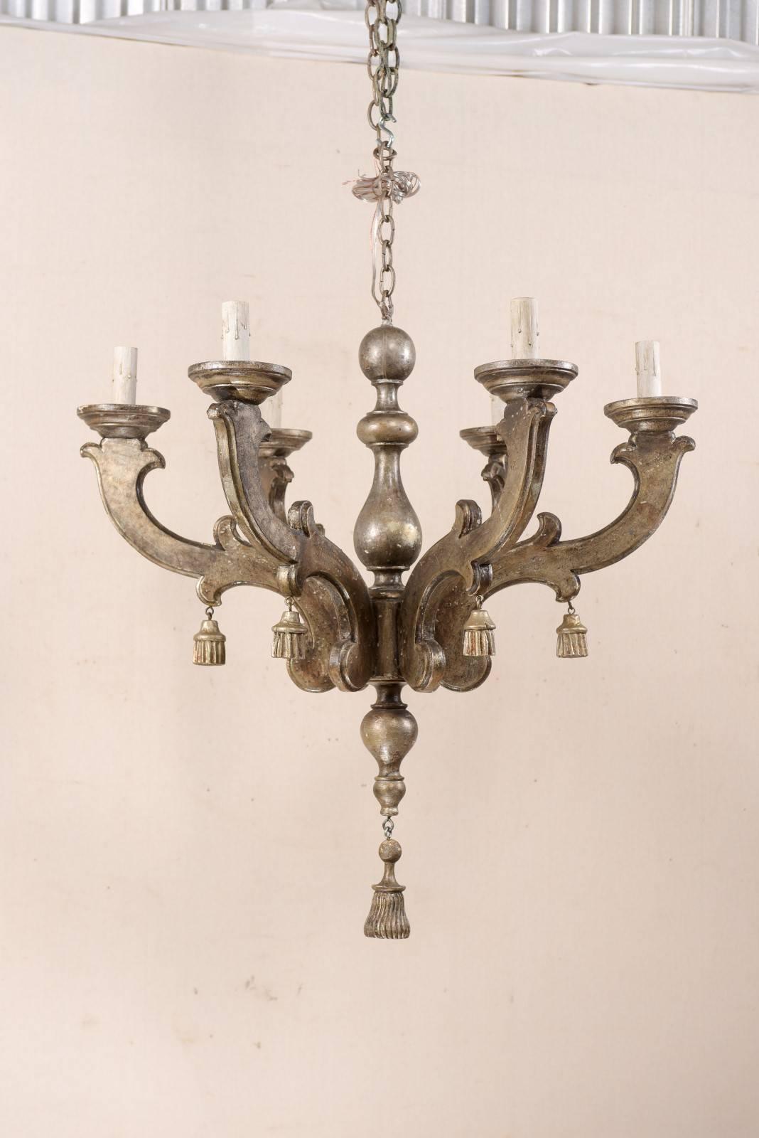 20th Century Italian Antiqued Silver Wood Six-Light Chandelier Adorned with Wood Tassels