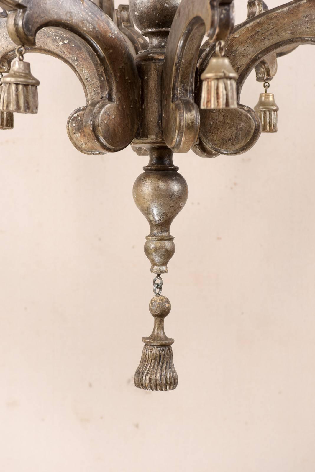 Italian Antiqued Silver Wood Six-Light Chandelier Adorned with Wood Tassels 2