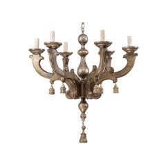 Italian Antiqued Silver Wood Six-Light Chandelier Adorned with Wood Tassels