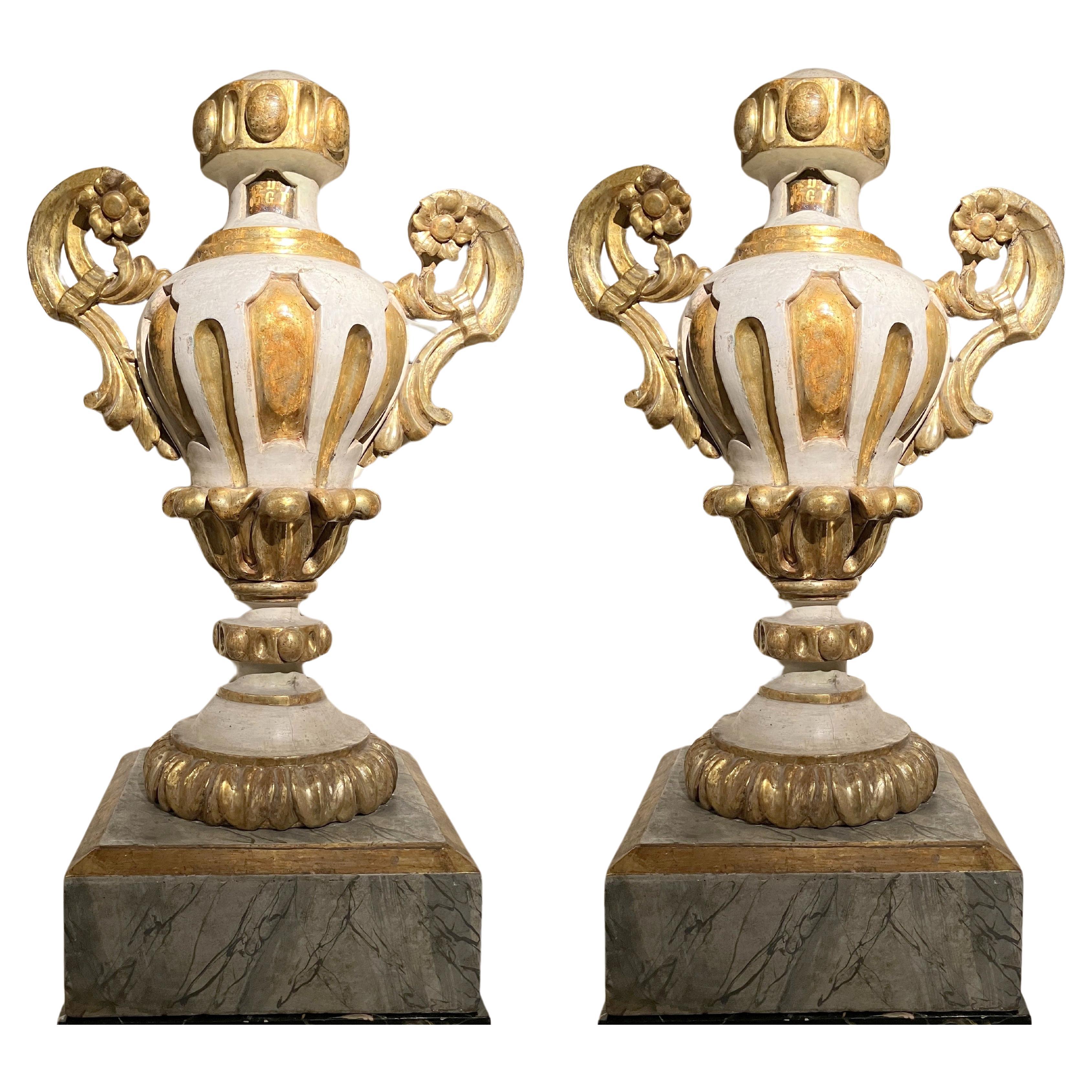 Italian Antiques Louis XIV Urn Lacquer and Gilt Vases For Sale
