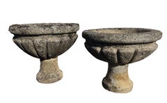 Antique Hand-Carved Limestone Garden Urns, Italian Renaissance, 1840